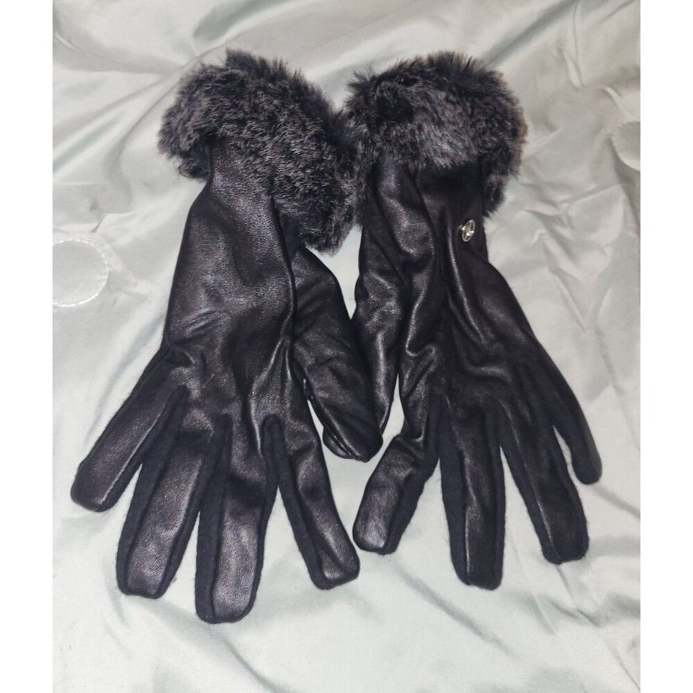 Adrienne Vittadini Womens Leather Wool Faux Fur Black Touch Screen Gloves Size L